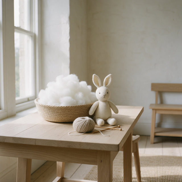 Toy Stuffing in a jute basket beside a hand-knitted bunny on an oak craft table