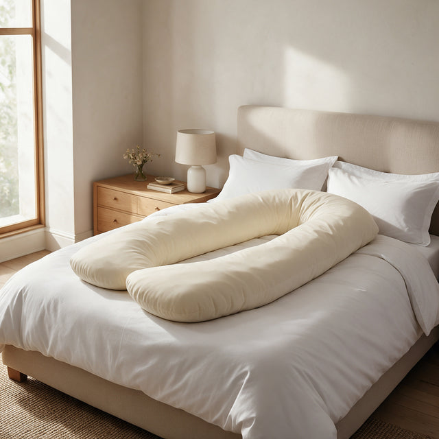 Cream U Pregnancy Pillow Case 12ft on a U pillow lying on a made bed