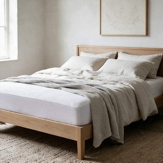 Waterproof Mattress Protector on a bed in a calm bedroom with white bedding