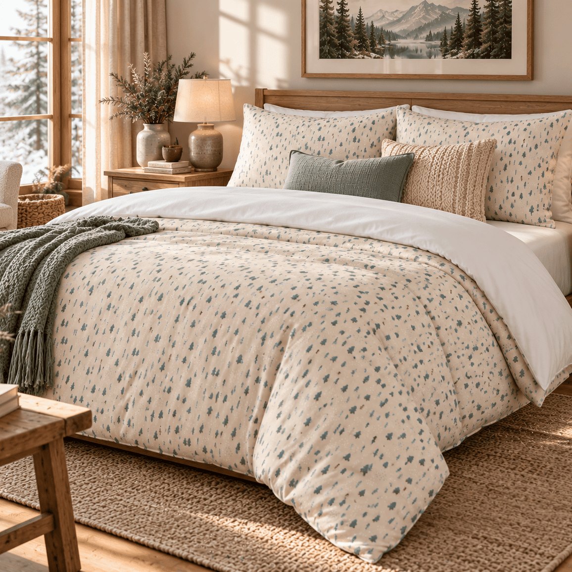 Whispering Pines Christmas duvet cover set, angled view showing cream pine duvet with sage knit throw