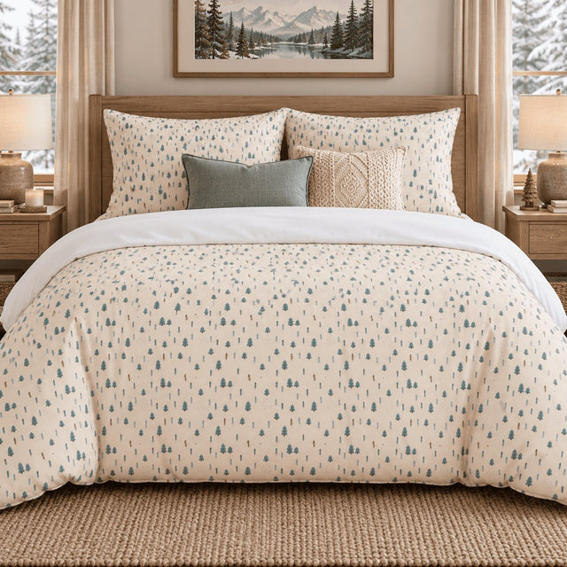 Whispering Pines Christmas duvet cover set, front view showing small teal pine trees on cream with sage and oatmeal cushions