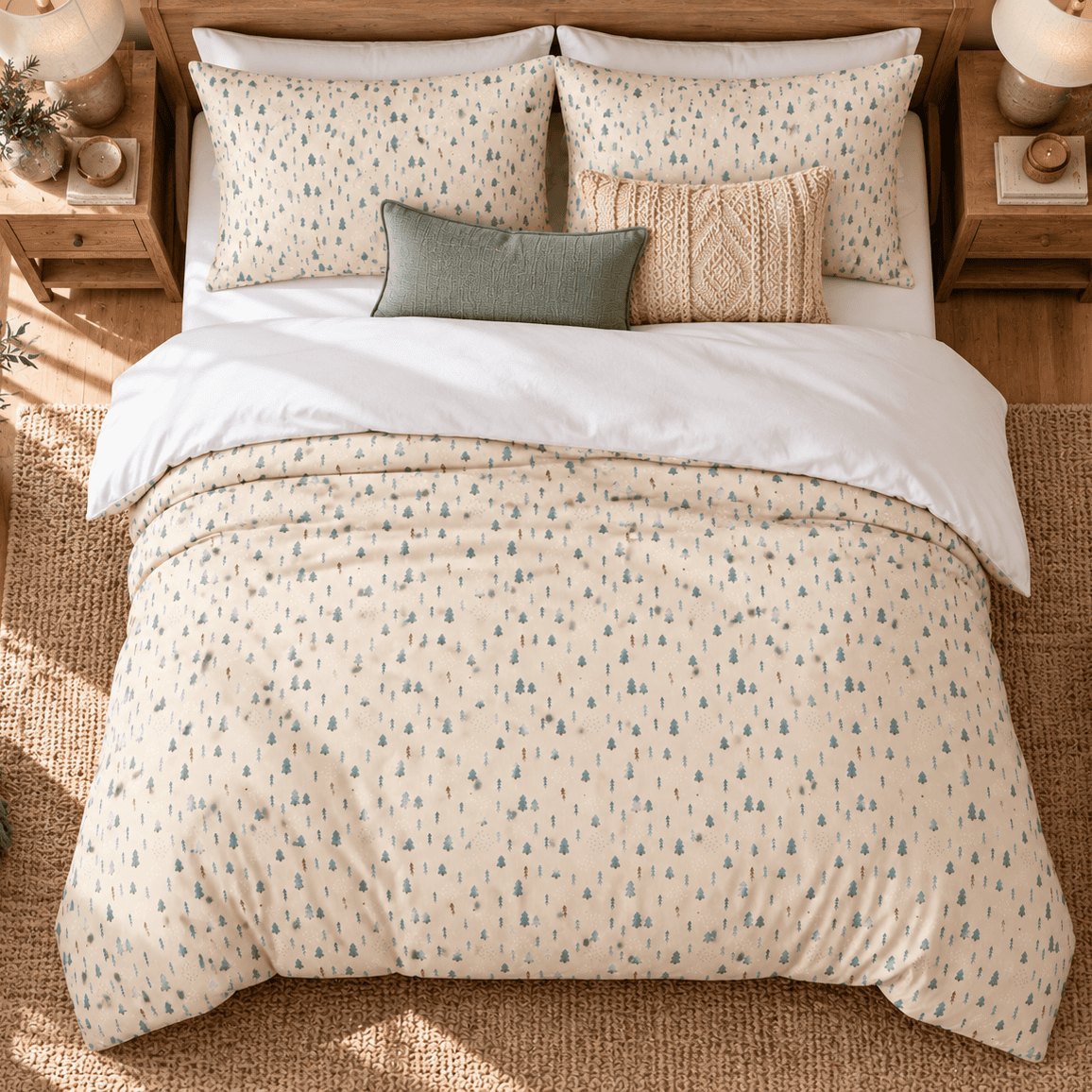 Whispering Pines Christmas duvet cover set, overhead view showing full pine tree duvet and pillowcases from above