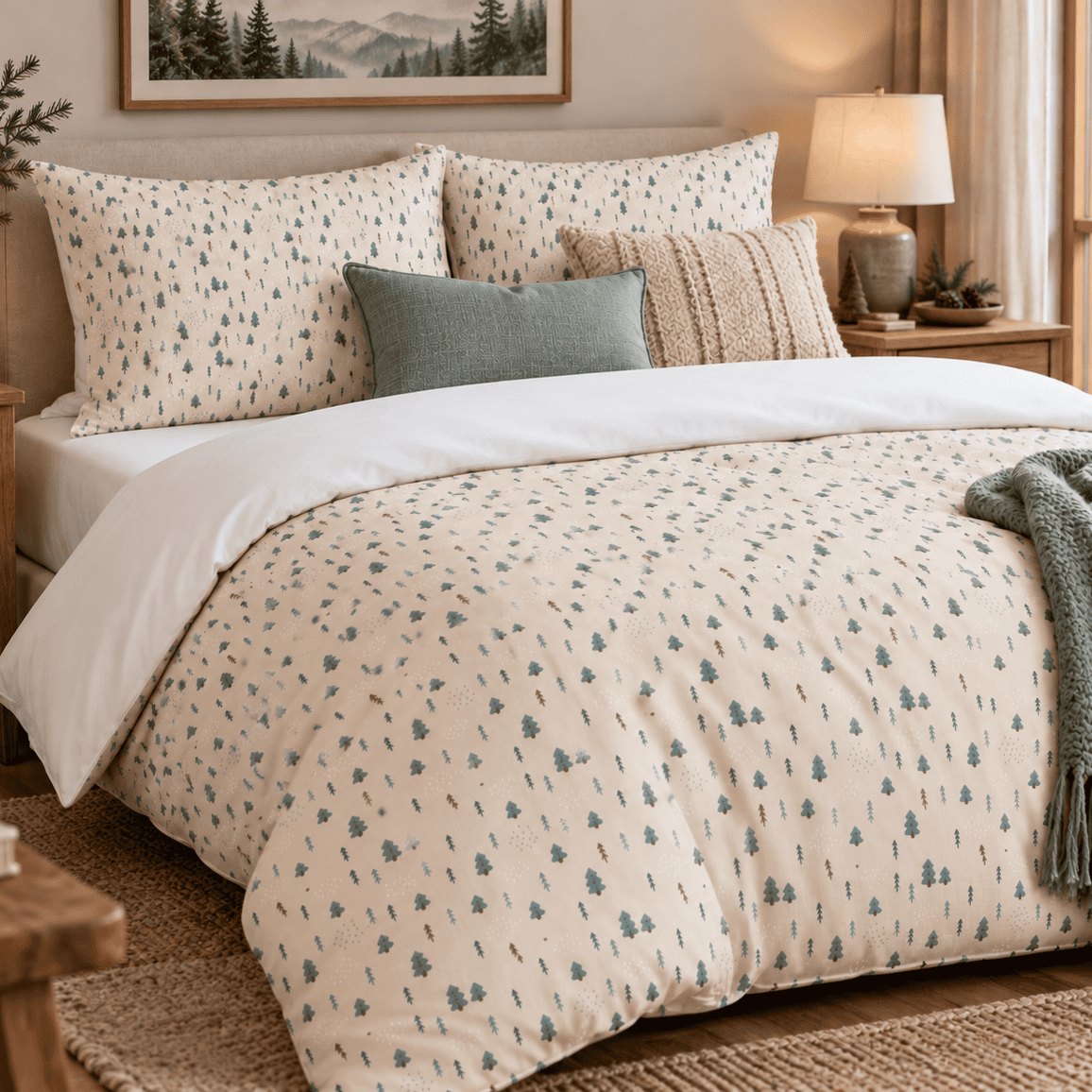 Whispering Pines Christmas duvet cover set, right angled view showing pine tree print with white turn-down and sage throw