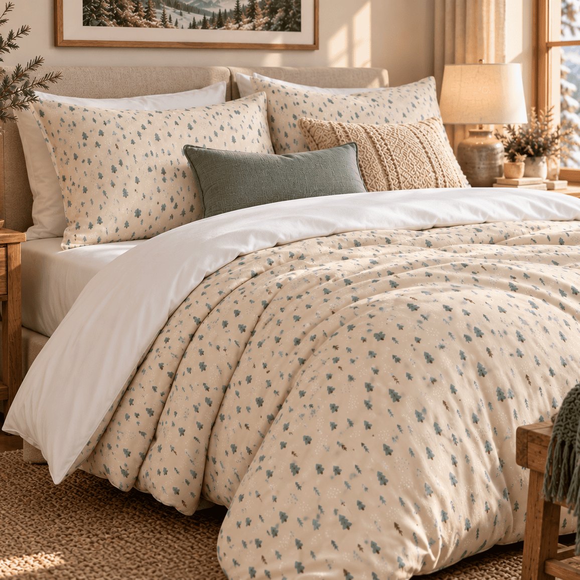 Whispering Pines Christmas duvet cover set, side view showing cream pine duvet from the side
