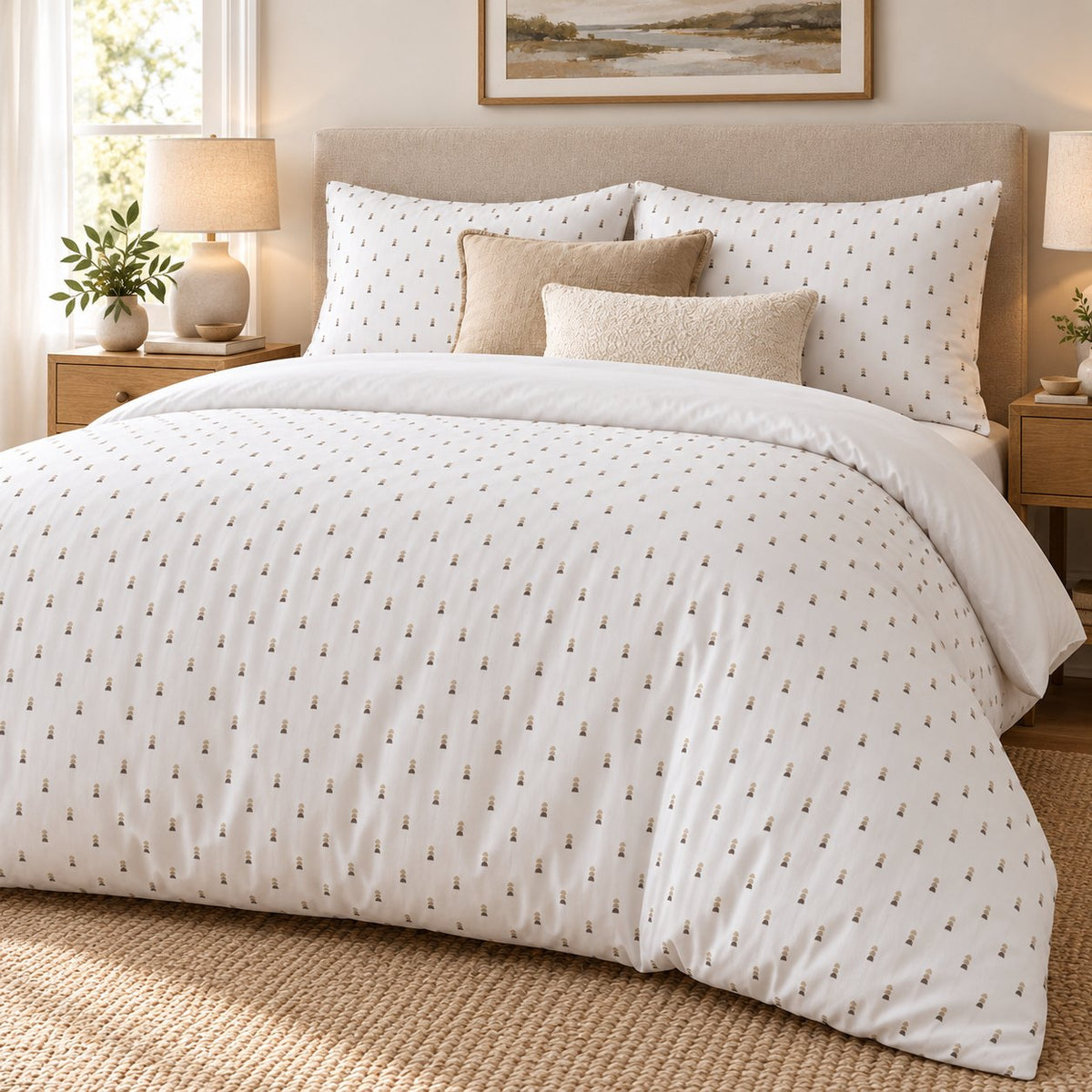 White Taupe Pebble Stack duvet cover set, angled view showing the duvet and pillowcases in a bright room by a window