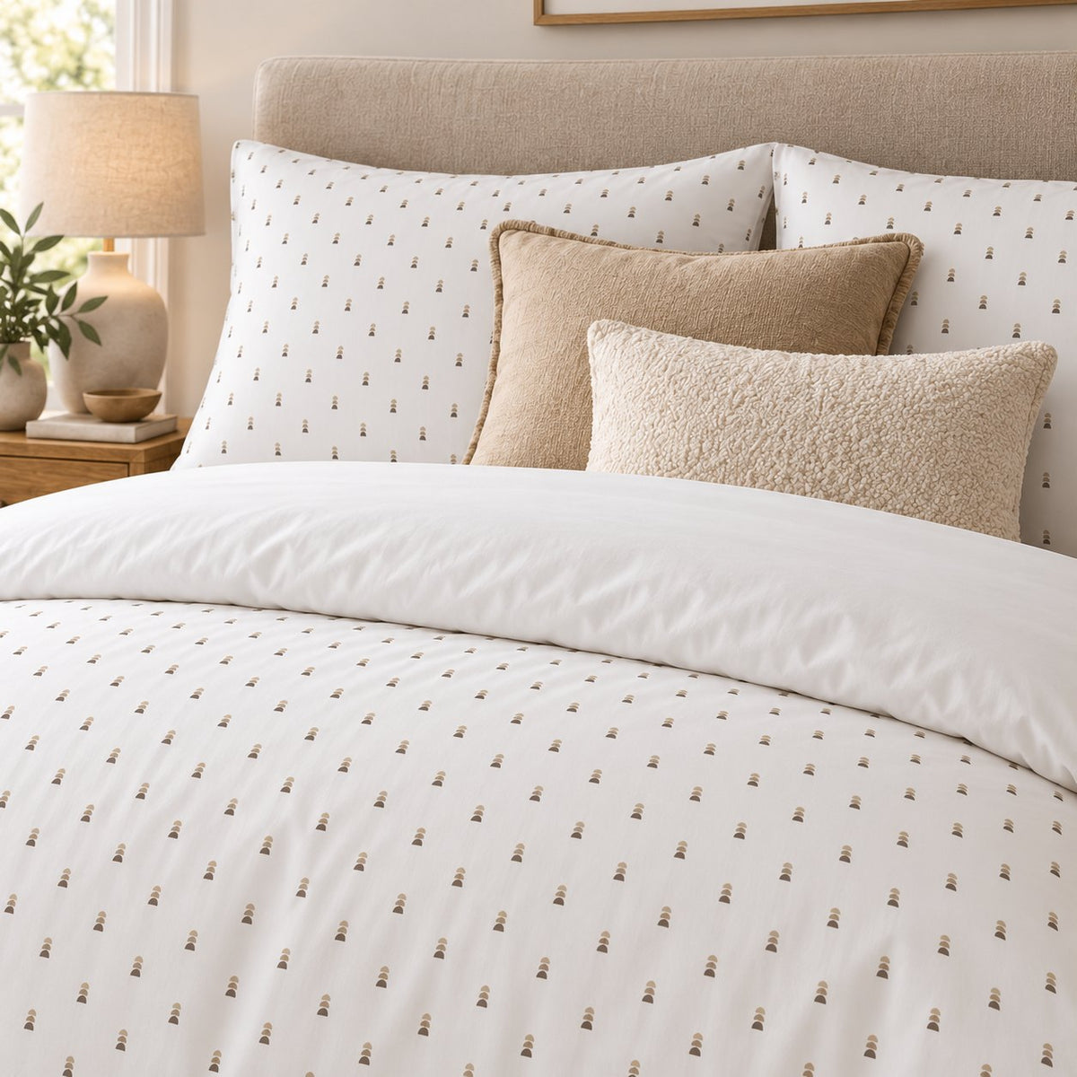 White Taupe Pebble Stack duvet cover set, close-up of pillowcases showing pillowcases behind camel and cream bouclé cushions