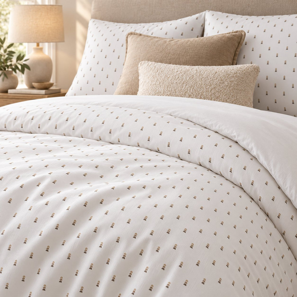 White Taupe Pebble Stack duvet cover set, close-up of print showing stacked sand and taupe half-moon marks on white