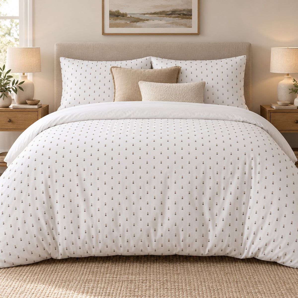White Taupe Pebble Stack duvet cover set, front view showing small sand and taupe marks on white with camel and cream cushions