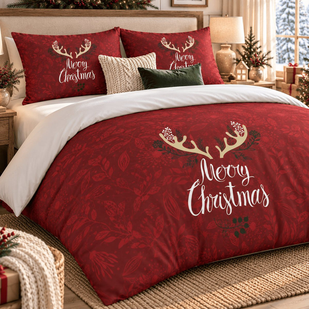 Winter Antlers Merry Christmas duvet cover set, angled view showing red duvet with white turn-down and Merry Christmas script