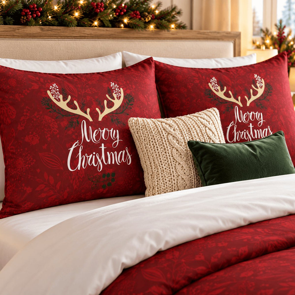 Winter Antlers Merry Christmas duvet cover set, pillowcase close-up showing antlers and script on red pillowcases