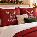 Winter Antlers Merry Christmas duvet cover set, pillowcase close-up showing antlers and script on red pillowcases
