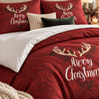 Winter Antlers Merry Christmas duvet cover set, print close-up showing gold antlers and white Merry Christmas script