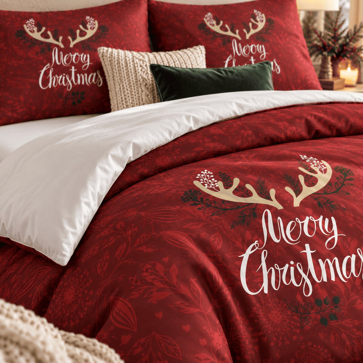 Winter Antlers Merry Christmas duvet cover set, print close-up showing gold antlers and white Merry Christmas script