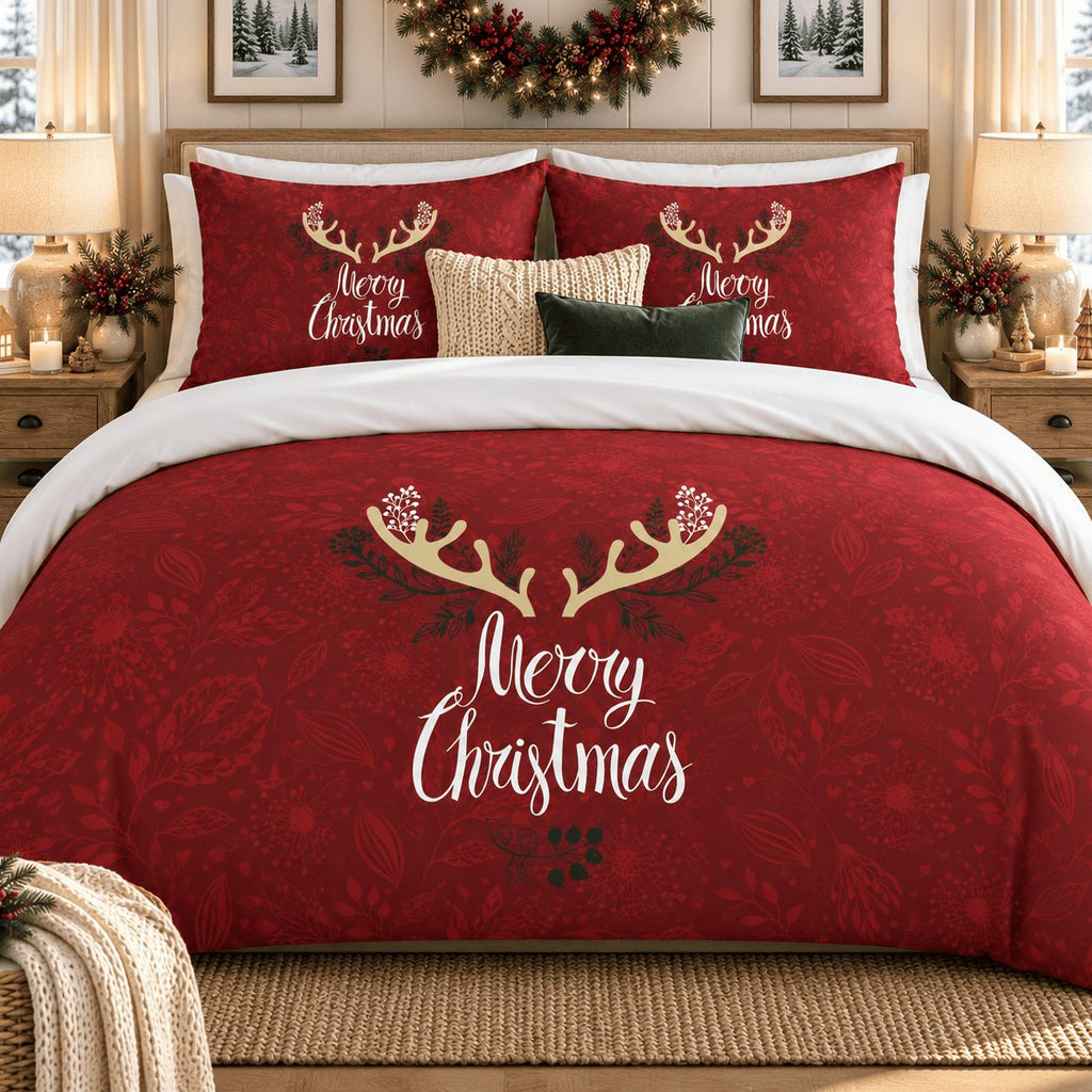 Winter Antlers Merry Christmas duvet cover set, front view showing gold antlers and Merry Christmas script on red
