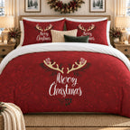 Winter Antlers Merry Christmas duvet cover set, front view showing gold antlers and Merry Christmas script on red