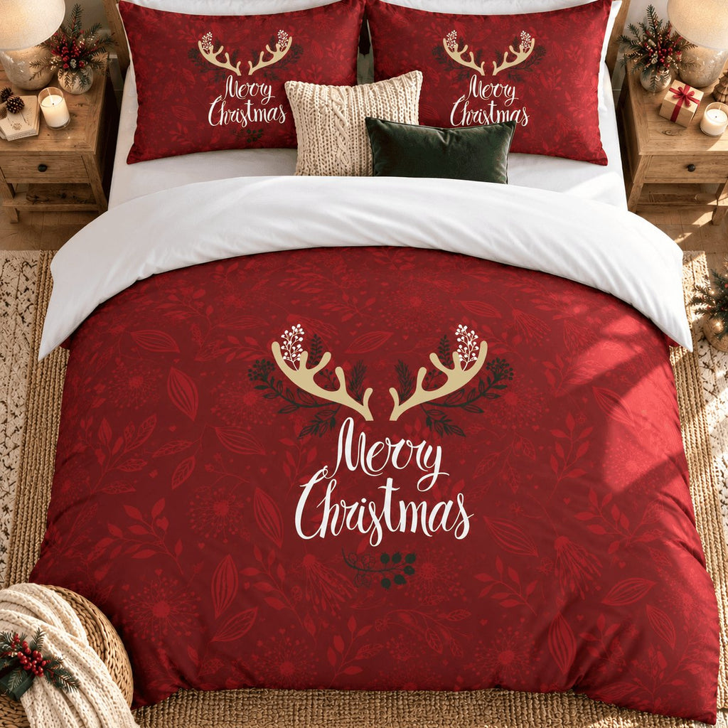 Winter Antlers Merry Christmas duvet cover set, overhead view showing full red duvet with antlers and script from above