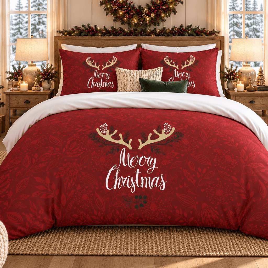 Winter Antlers Merry Christmas duvet cover set, room view showing red Merry Christmas bed in a bedroom with wreath