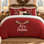 Winter Antlers Merry Christmas duvet cover set, room view showing red Merry Christmas bed in a bedroom with wreath