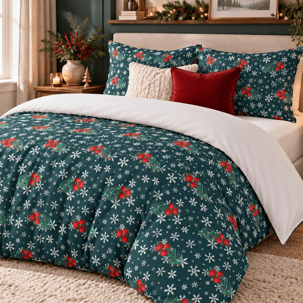 Winter Berries Teal Christmas duvet cover set, angled view showing teal berry duvet with white turn-down