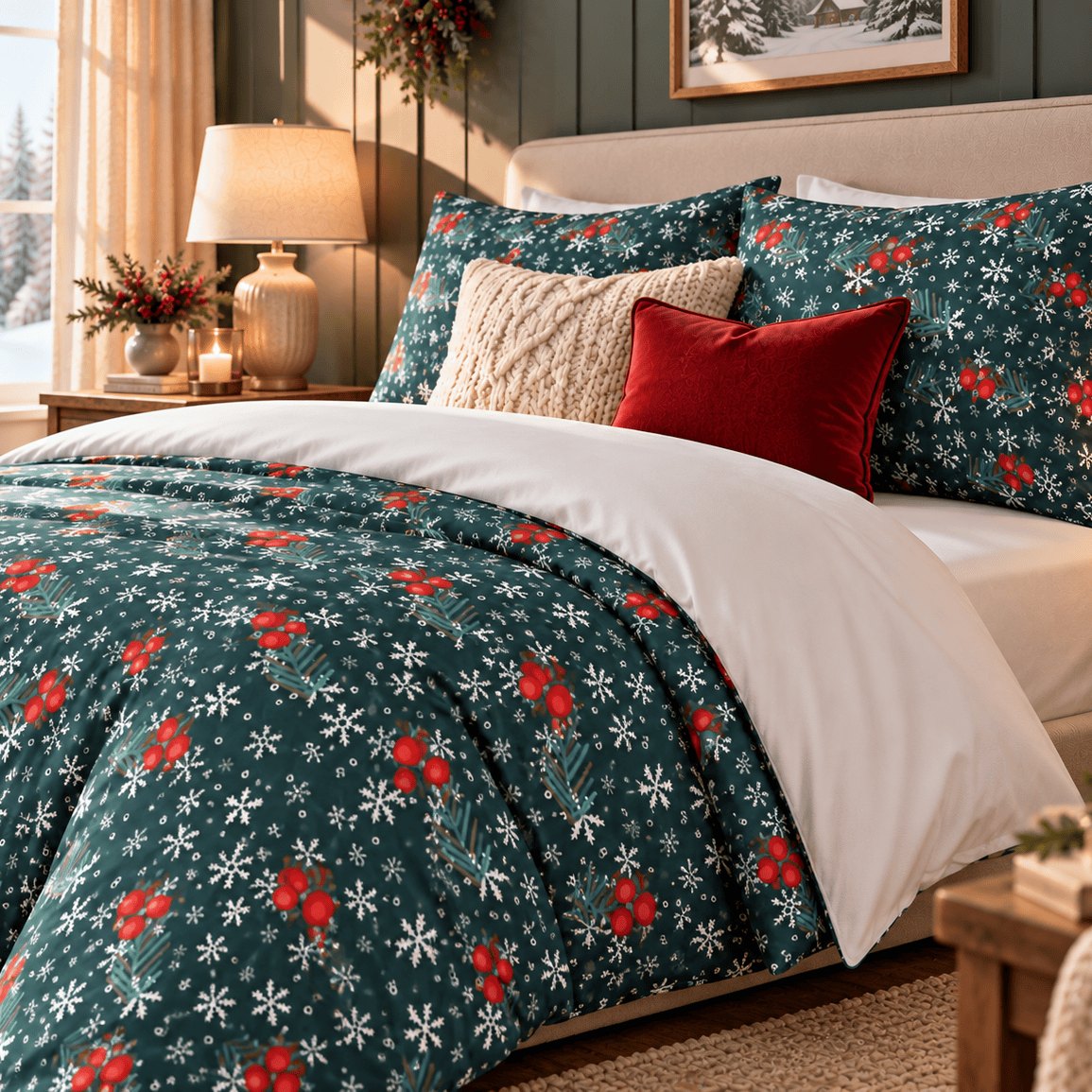 Winter Berries Teal Christmas duvet cover set, pillowcase close-up showing berry pillowcases with knit and velvet cushions