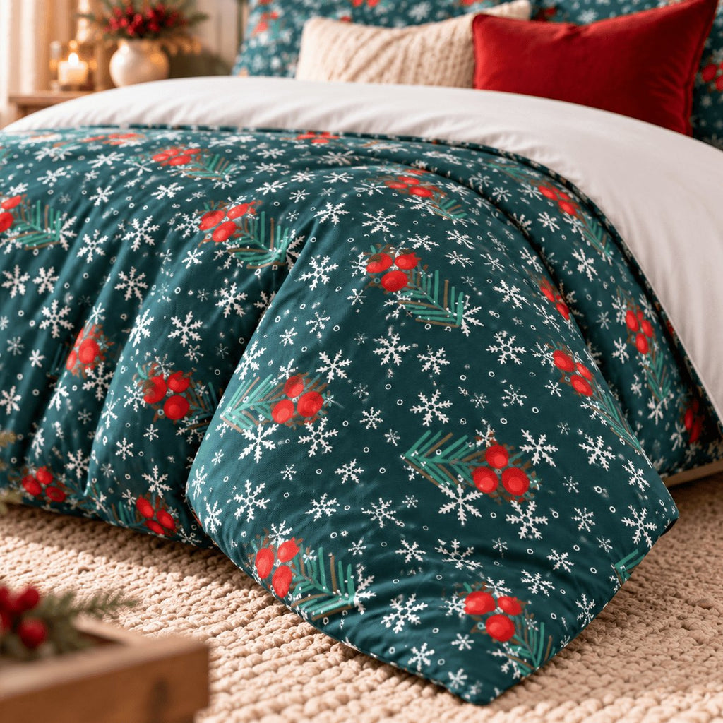 Winter Berries Teal Christmas duvet cover set, print close-up showing red berry clusters, pine sprigs and white snowflakes