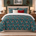 Winter Berries Teal Christmas duvet cover set, front view showing red berries and white snowflakes on dark teal