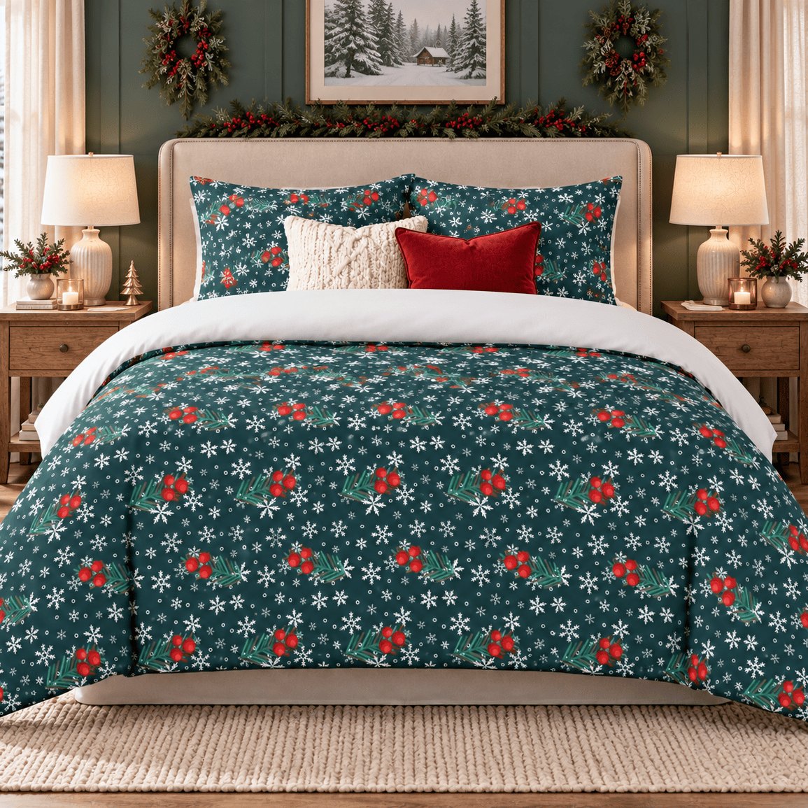 Winter Berries Teal Christmas duvet cover set, front view showing red berries and white snowflakes on dark teal