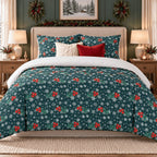 Winter Berries Teal Christmas duvet cover set, front view showing red berries and white snowflakes on dark teal