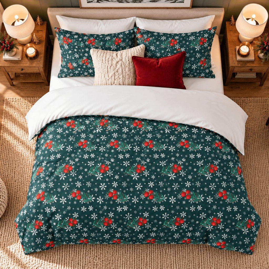 Winter Berries Teal Christmas duvet cover set, overhead view showing full teal berry duvet and pillowcases from above