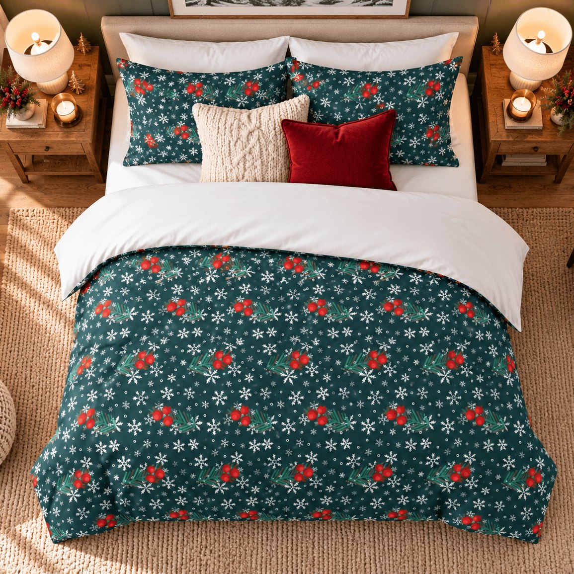 Winter Berries Teal Christmas duvet cover set, overhead view showing full teal berry duvet and pillowcases from above