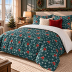 Winter Berries Teal Christmas duvet cover set, room view showing teal berry bedding in a bedroom with a snowy window