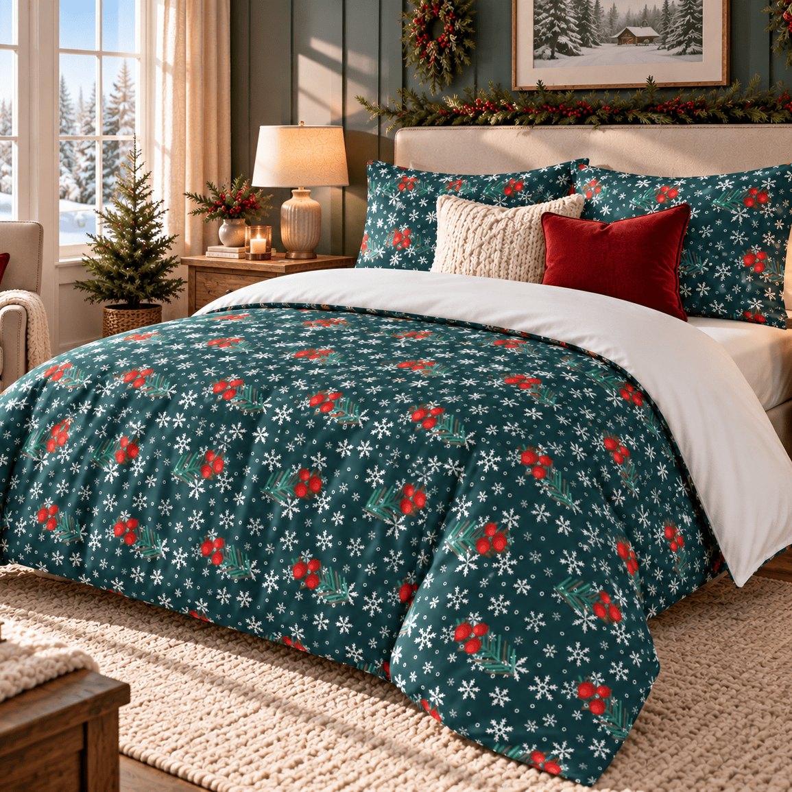 Winter Berries Teal Christmas duvet cover set, room view showing teal berry bedding in a bedroom with a snowy window
