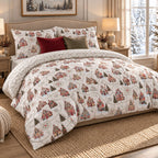 Winter Chalet Reversible Christmas duvet cover set, angled view showing chalet side with grey snowflake reverse at the top