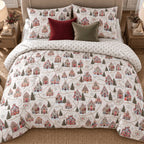 Winter Chalet Reversible Christmas duvet cover set, close front view showing chalet pillowcases, burgundy and olive cushions