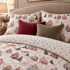 Winter Chalet Reversible Christmas duvet cover set, pillowcase close-up showing chalet pillowcases and snowflake reverse