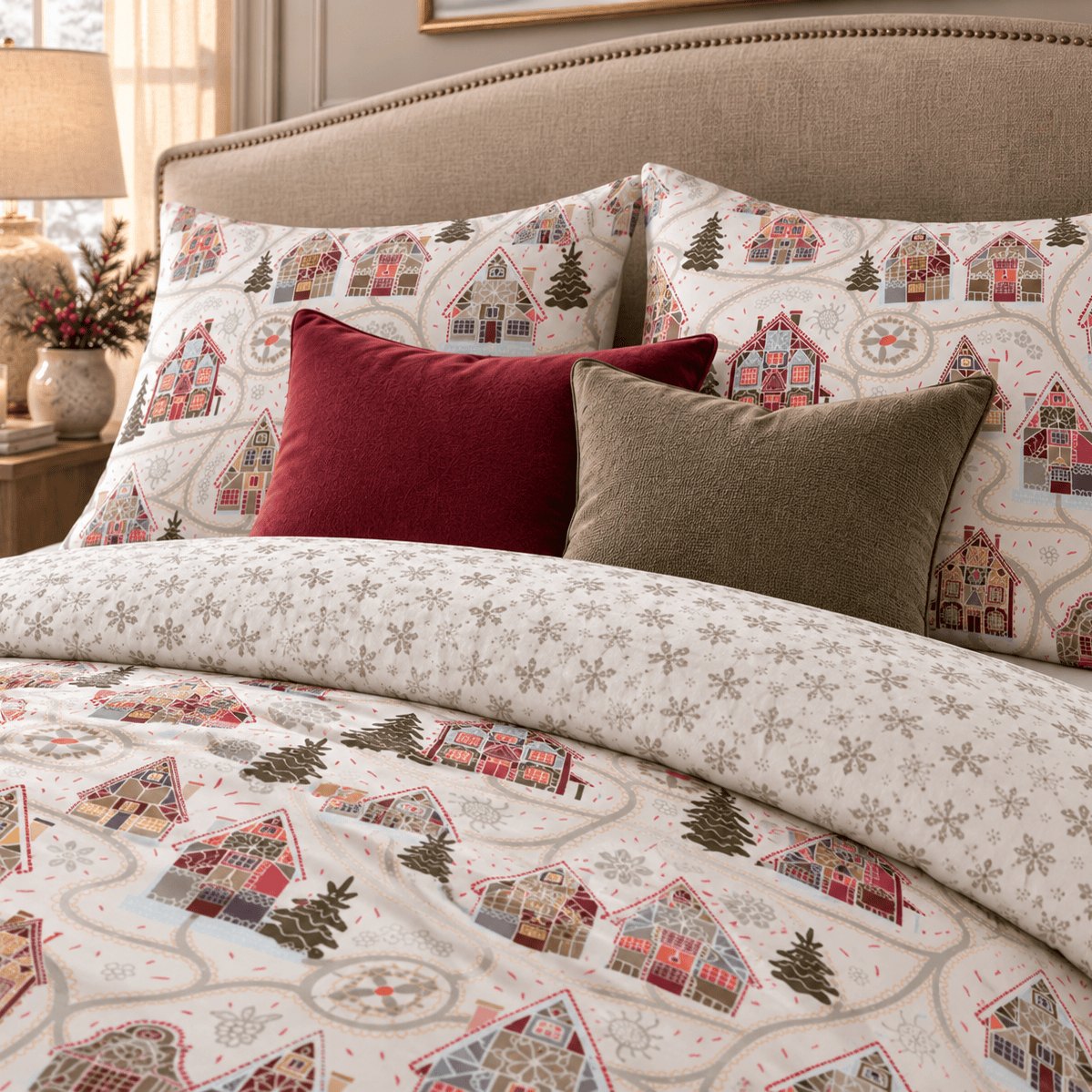Winter Chalet Reversible Christmas duvet cover set, pillowcase close-up showing chalet pillowcases and snowflake reverse