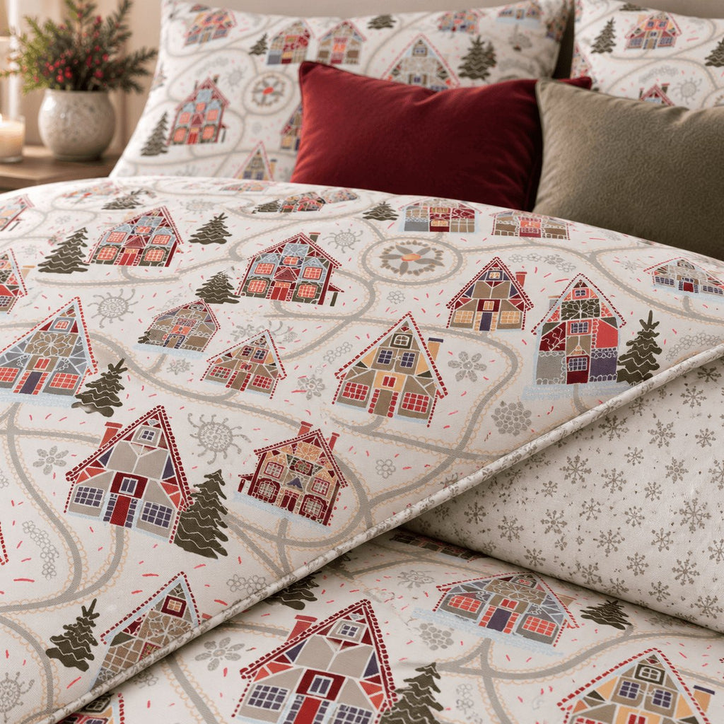 Winter Chalet Reversible Christmas duvet cover set, print close-up showing gingerbread chalets and snowflake reverse