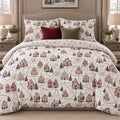 Winter Chalet Reversible Christmas duvet cover set, front view showing gingerbread chalets on cream with snowflake turn-down