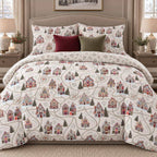 Winter Chalet Reversible Christmas duvet cover set, front view showing gingerbread chalets on cream with snowflake turn-down