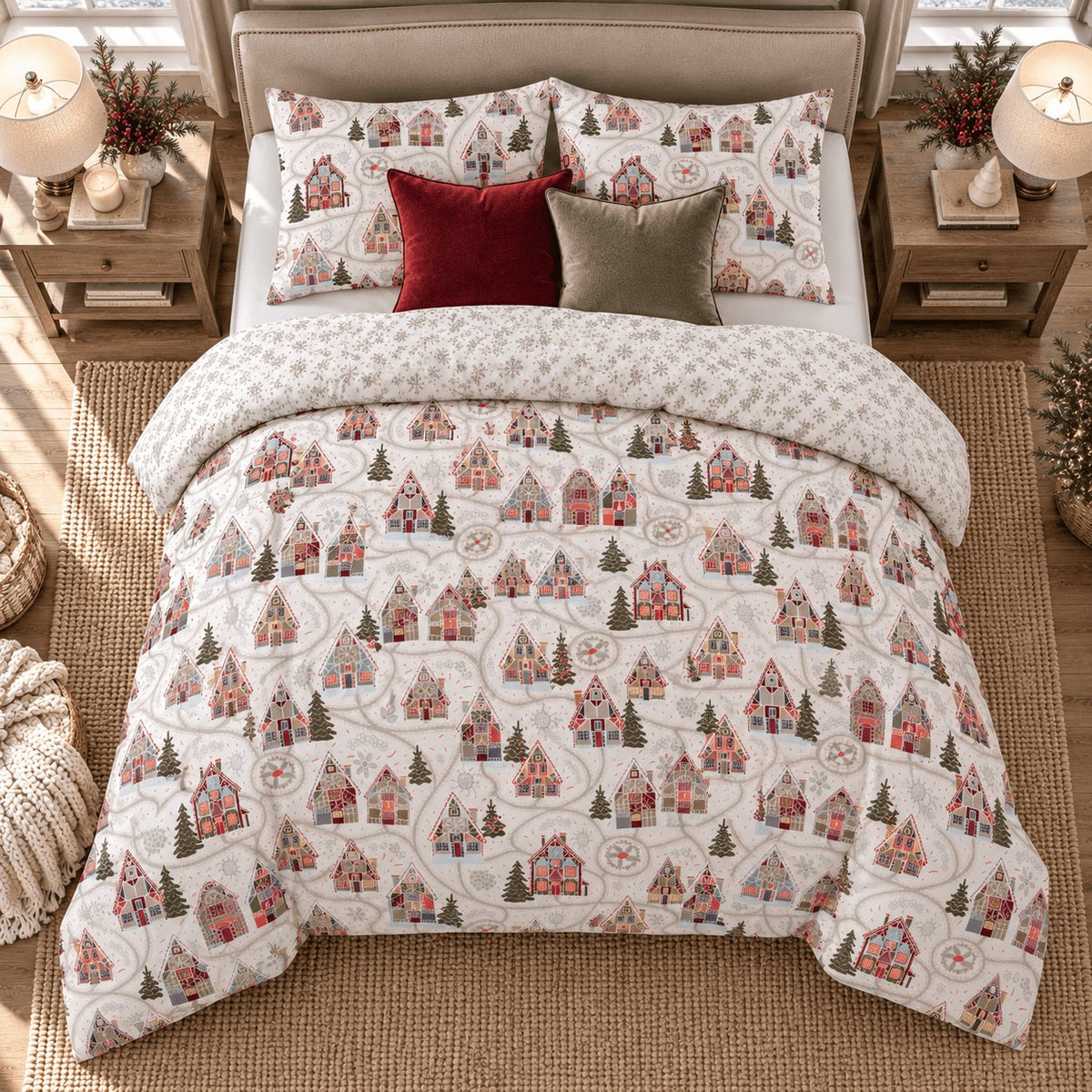Winter Chalet Reversible Christmas duvet cover set, overhead view showing full chalet duvet and pillowcases from above