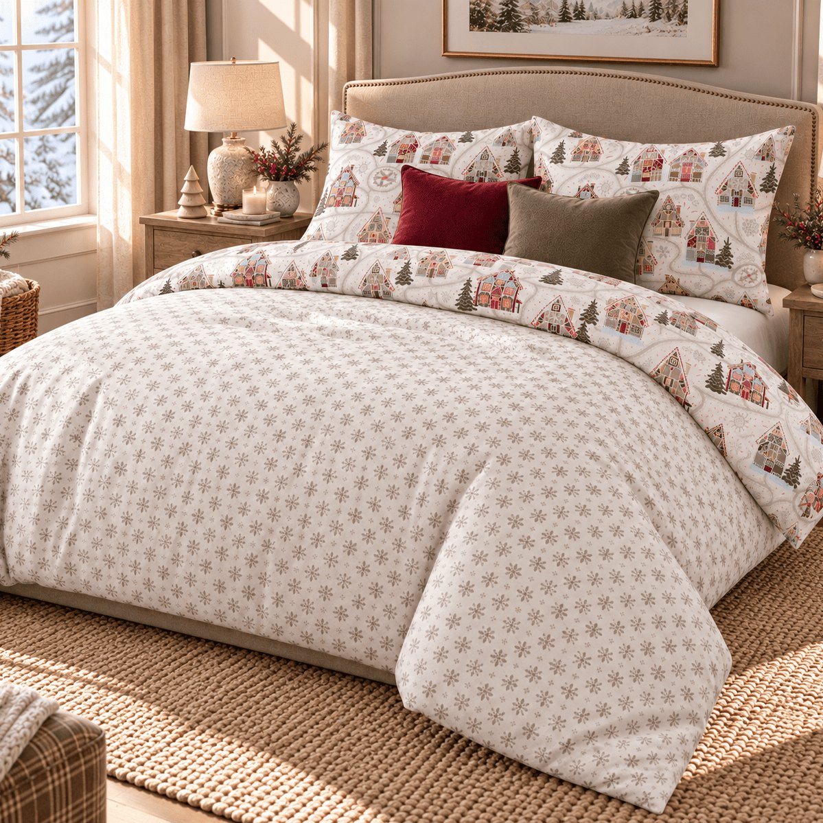 Winter Chalet Reversible Christmas duvet cover set, reverse angled view showing grey snowflake side with chalet turn-down
