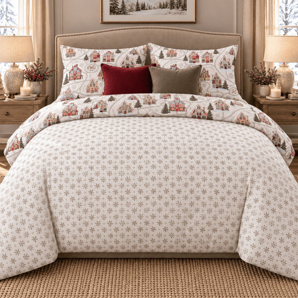 Winter Chalet Reversible Christmas duvet cover set, reverse front view showing grey snowflake reverse and chalet pillowcases