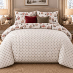 Winter Chalet Reversible Christmas duvet cover set, reverse front view showing grey snowflake reverse and chalet pillowcases
