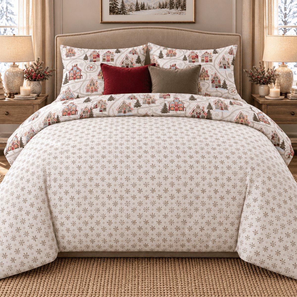 Winter Chalet Reversible Christmas duvet cover set, reverse front view showing grey snowflake reverse and chalet pillowcases