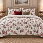 Winter Chalet Reversible Christmas duvet cover set, room view showing chalet duvet in a bedroom with lamps and pine trees