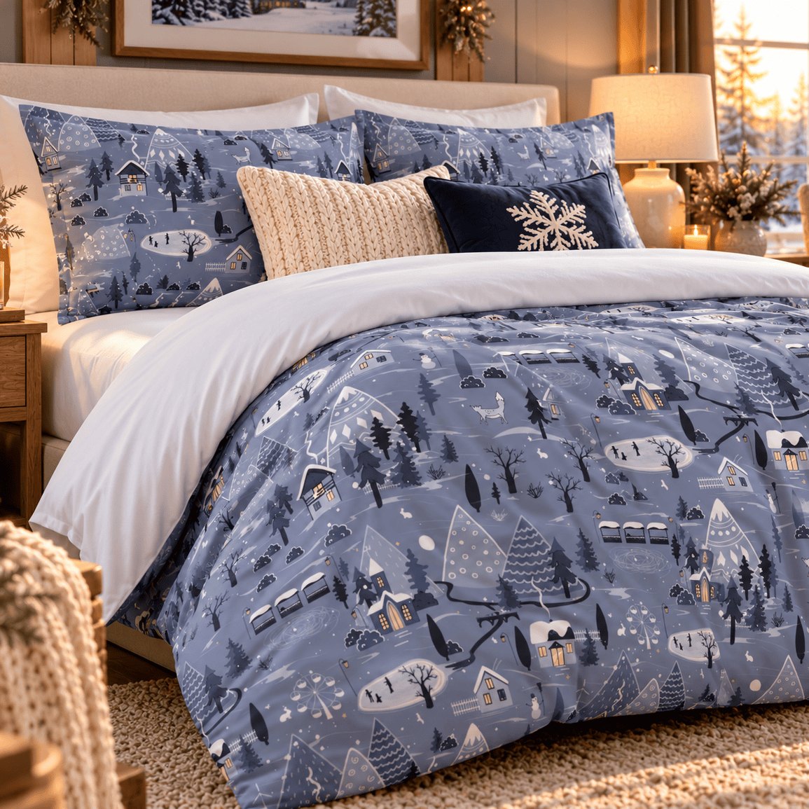 Winter Village Christmas duvet cover set, angled view showing cottages, skaters and trees with white turn-down