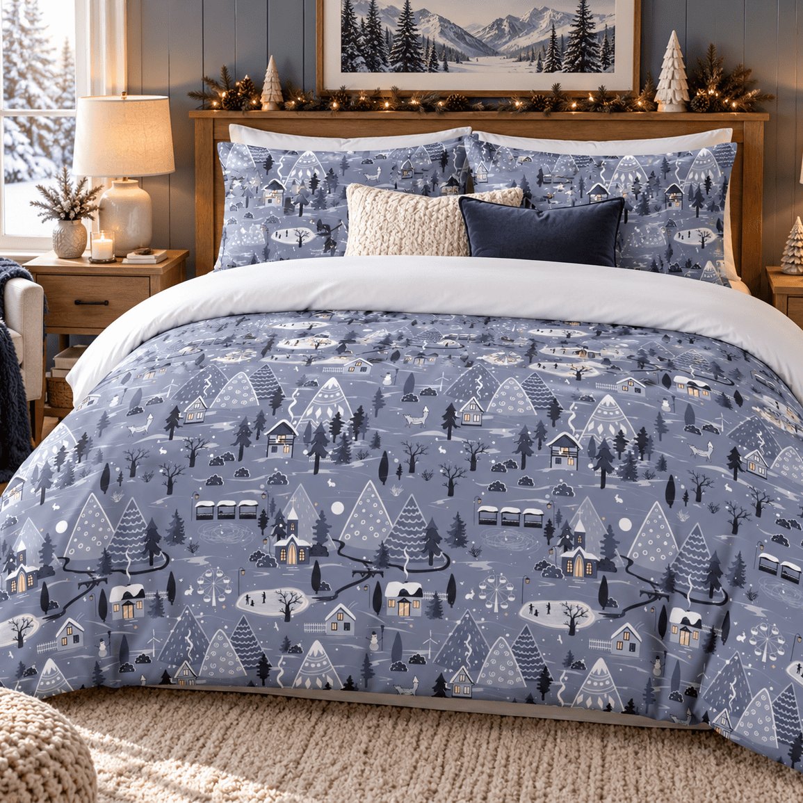 Winter Village Christmas duvet cover set, front angle view showing village duvet with navy and cream cushions