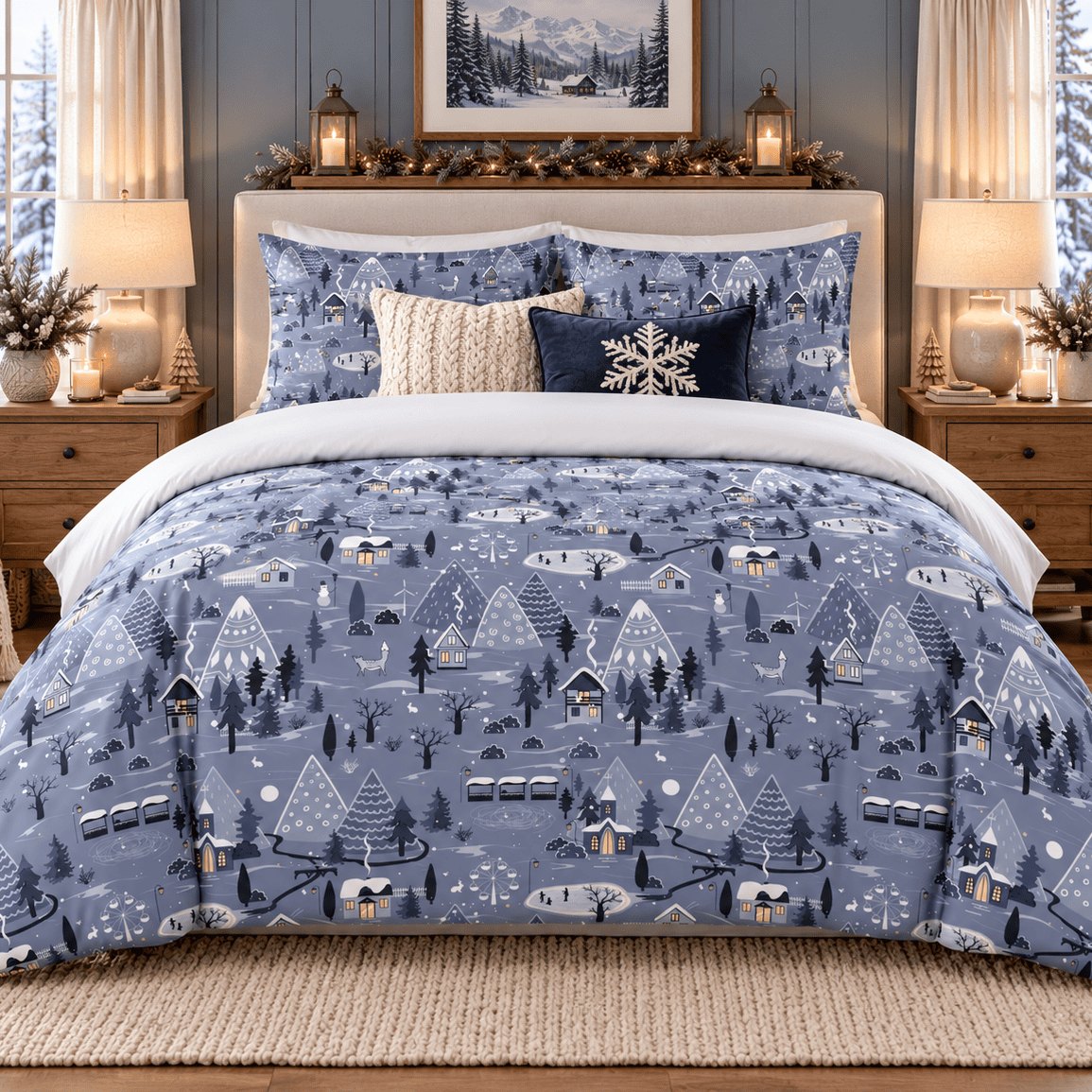 Winter Village Christmas duvet cover set, front view showing blue village print with snowflake cushion