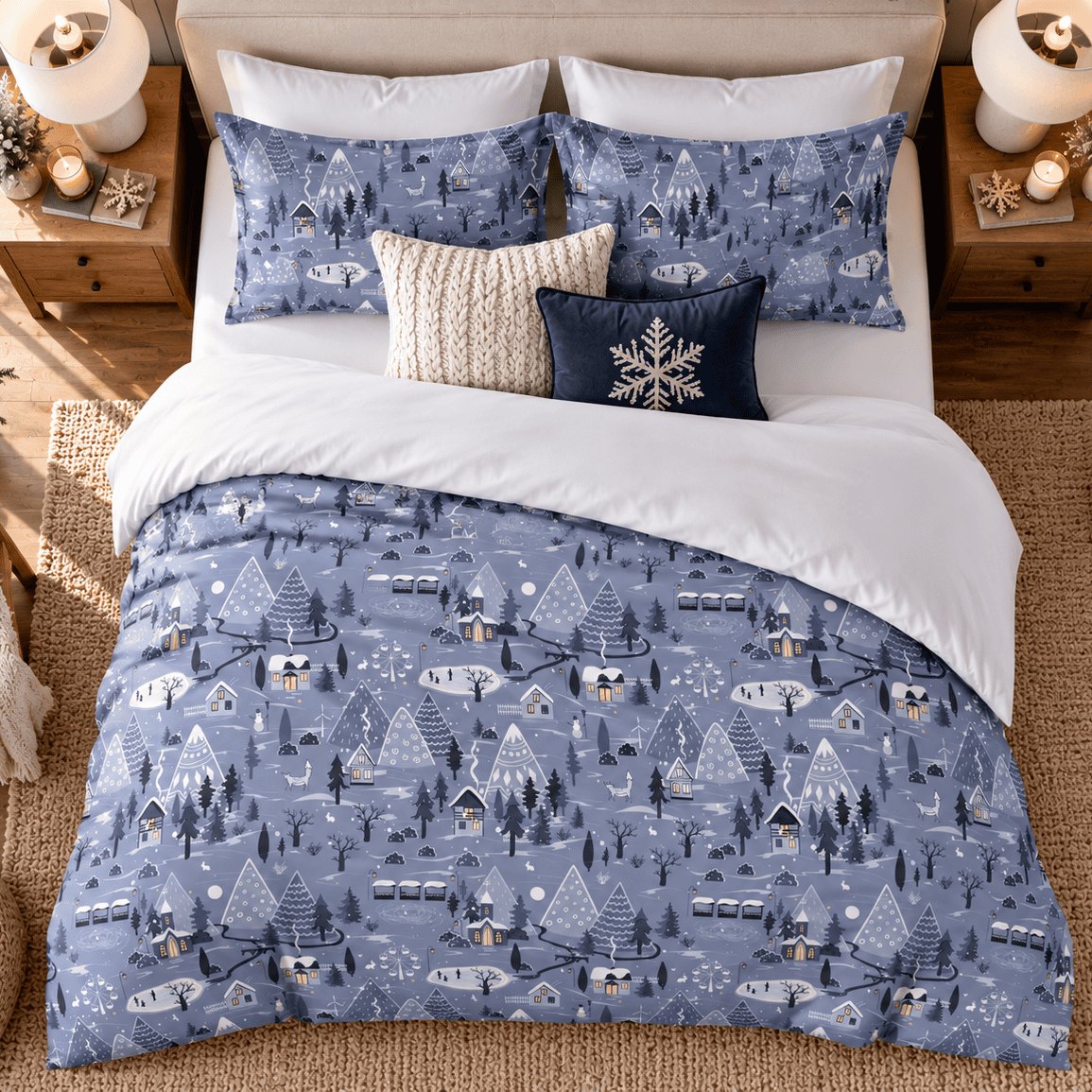 Winter Village Christmas duvet cover set, overhead view showing full village duvet and pillowcases from above
