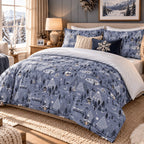 Winter Village Christmas duvet cover set, room view showing blue village bedding in a bedroom with snowy windows